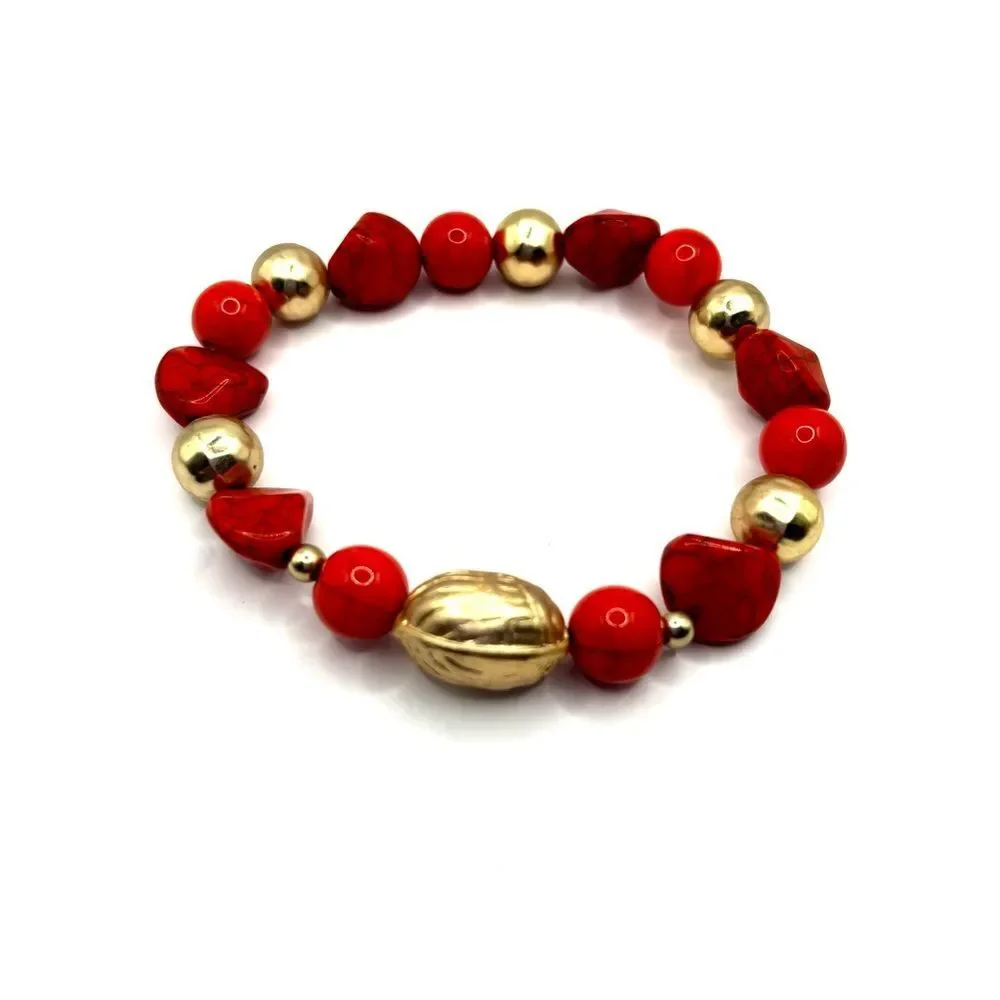 Maximalist Statement Gold and Red Beaded Bracelet Set of 3